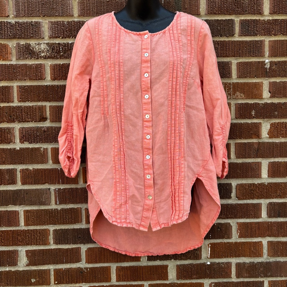 April Cornell Size S Coral Orange Linen Blend 3/4 Sleeve Hi Lo Hem Tunic Blouse - Picture 1 of 8